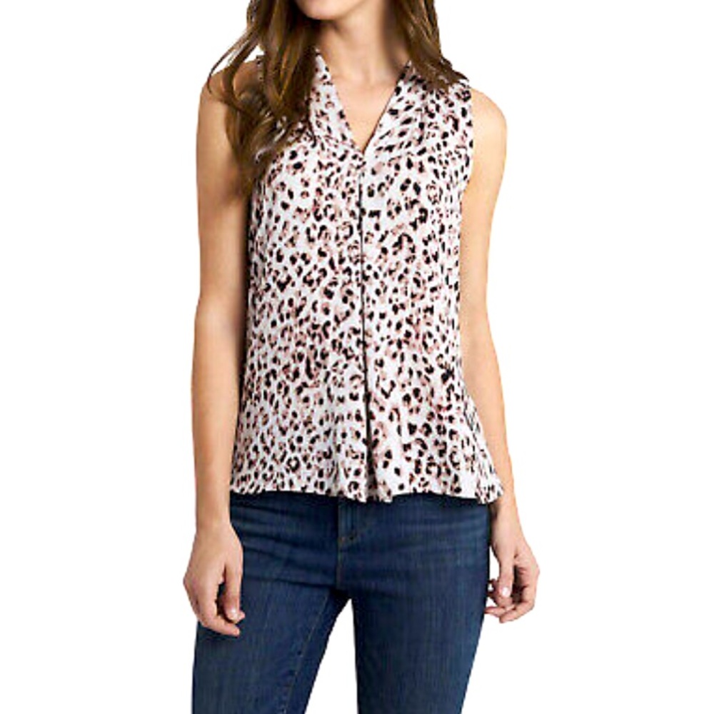Vince Camuto Pleated Vneck Sleeveless Blouse Leopard
